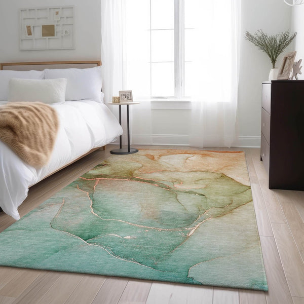 HomeRoots 5' X 8' Teal And Ivory Abstract Rug - Washable, UV-Protected, Perfect for High-Traffic Areas! 646926