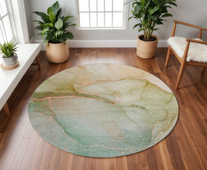 HomeRoots 8' Teal And Ivory Abstract Round Rug – Washable, UV-Protected, Durable for High-Traffic Spaces 646927