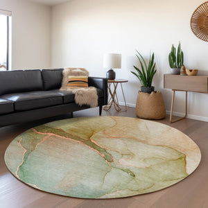 HomeRoots 8' Teal And Ivory Abstract Round Rug – Washable, UV-Protected, Durable for High-Traffic Spaces 646927
