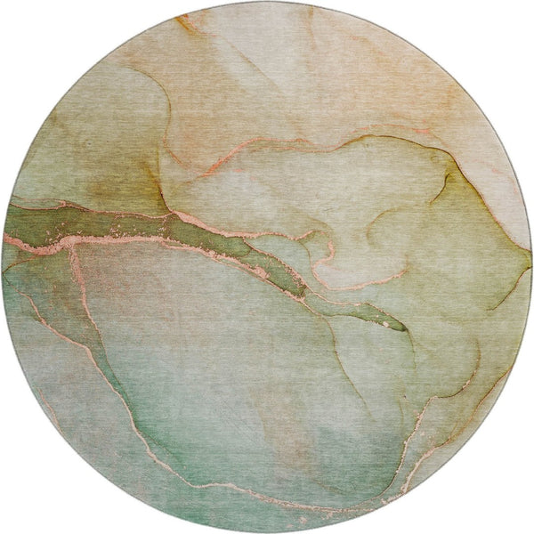 HomeRoots 8' Teal And Ivory Abstract Round Rug – Washable, UV-Protected, Durable for High-Traffic Spaces 646927
