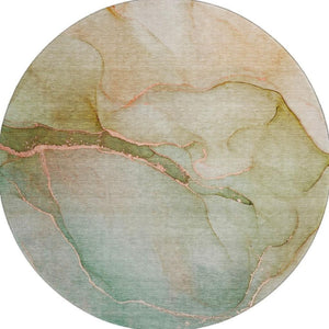 HomeRoots 8' Teal And Ivory Abstract Round Rug – Washable, UV-Protected, Durable for High-Traffic Spaces 646927