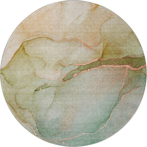 HomeRoots 8' Teal And Ivory Abstract Round Rug – Washable, UV-Protected, Durable for High-Traffic Spaces 646927