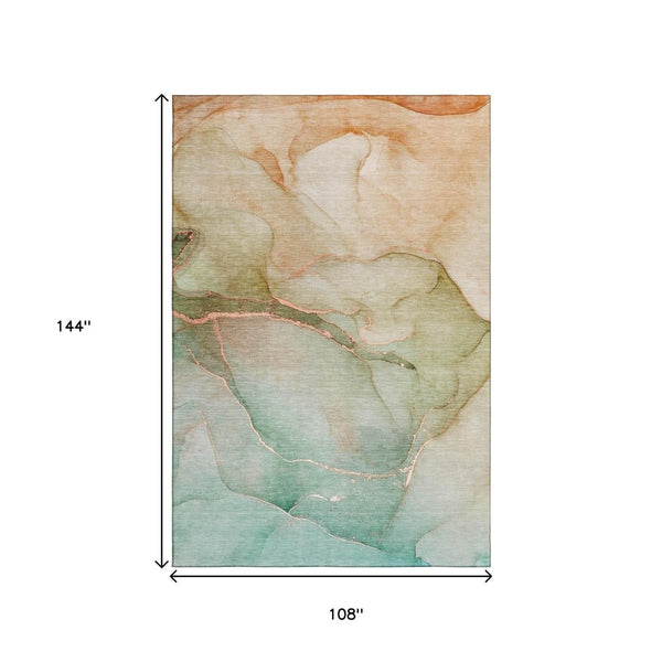 HomeRoots 9' X 12' Teal and Ivory Abstract Area Rug - Washable, UV-Protected, Perfect for Busy Homes! 646929