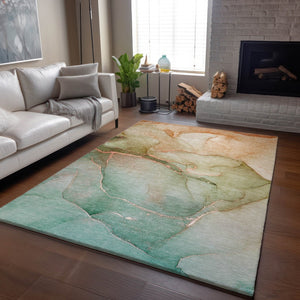 HomeRoots 9' X 12' Teal and Ivory Abstract Area Rug - Washable, UV-Protected, Perfect for Busy Homes! 646929