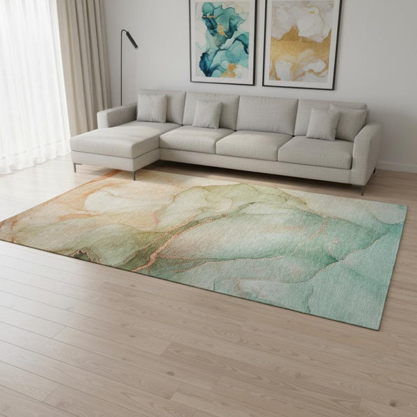HomeRoots 9' X 12' Teal and Ivory Abstract Area Rug - Washable, UV-Protected, Perfect for Busy Homes! 646929