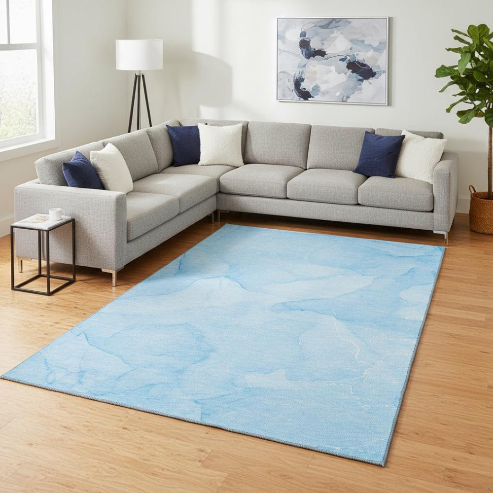 HomeRoots 10' X 14' Blue And Ivory Abstract Area Rug - Washable, UV Protected, Modern Design for Busy Homes 646936