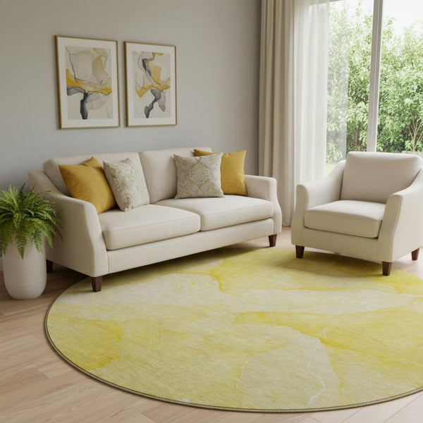 HomeRoots 8' Gold and Ivory Abstract Washable Round Rug - Stylish, Stain-Resistant, UV-Protected for Homes 646939