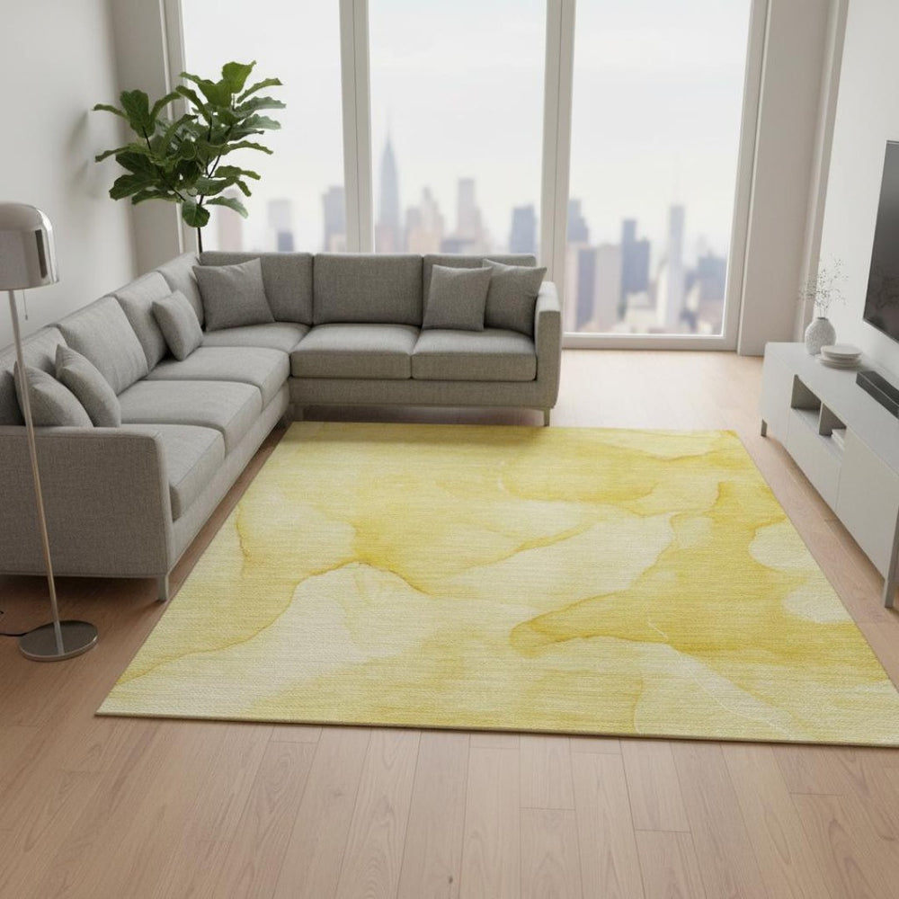 HomeRoots 8' X 10' Gold and Ivory Abstract Washable Area Rug - Stylish, Durable, Stain-Resistant, UV Protected! 646940
