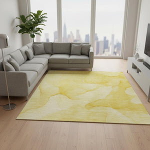 HomeRoots 10' X 14' Gold & Ivory Abstract Washable Area Rug - Stylish, UV-Protected & Perfect for High-Traffic Areas 646942