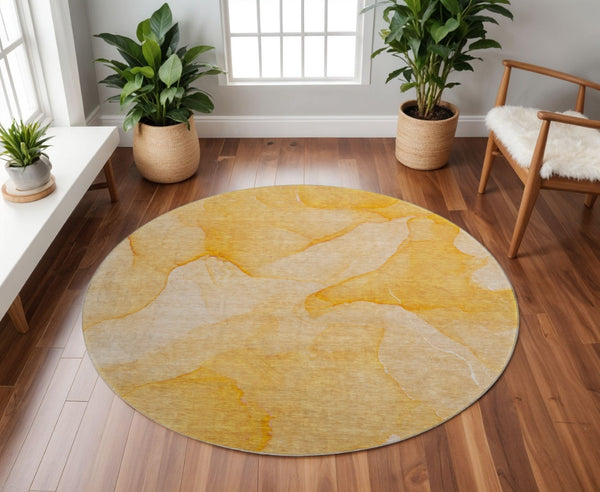 HomeRoots 8' Abstract Orange and Ivory Washable Round Rug with UV Protection for Durable, Low-Maintenance Style 646945