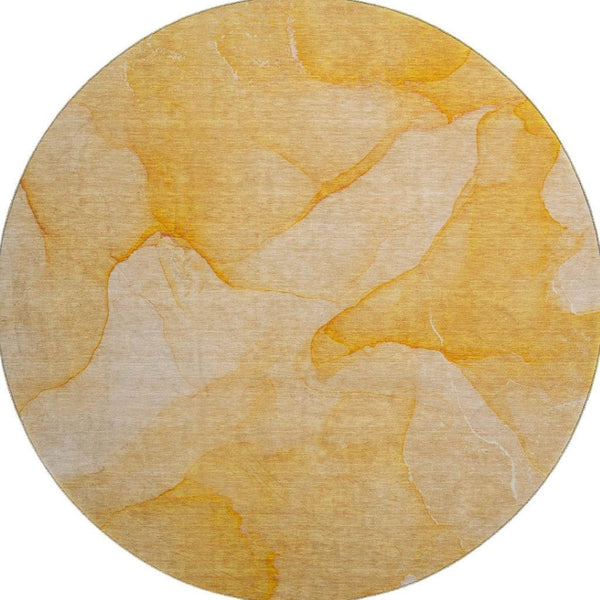HomeRoots 8' Abstract Orange and Ivory Washable Round Rug with UV Protection for Durable, Low-Maintenance Style 646945