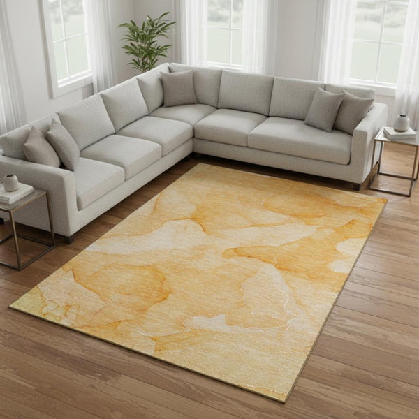 HomeRoots 9' X 12' Stylish Orange and Ivory Abstract Washable Area Rug with UV Protection for Modern Homes 646947