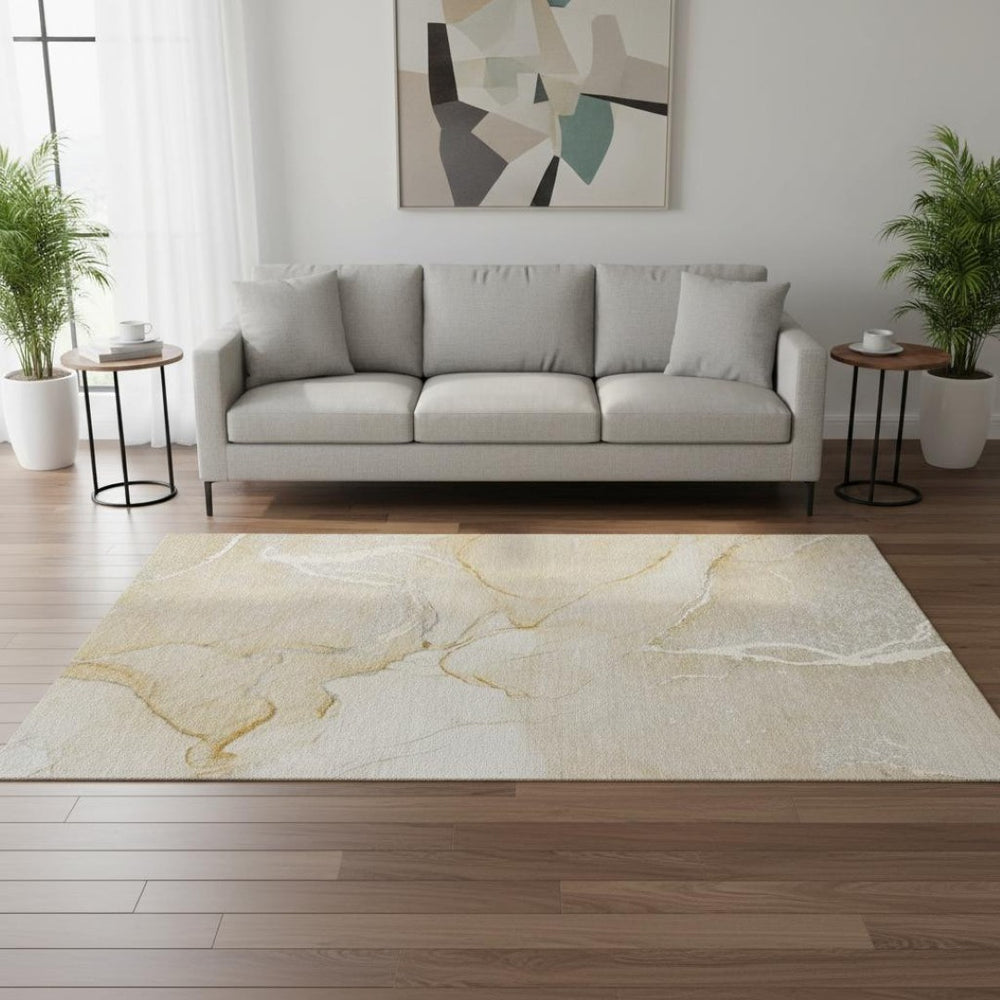 HomeRoots 5' X 8' Beige And Ivory Abstract Area Rug – Washable, UV Protected, and Perfect for Modern Homes! 646950