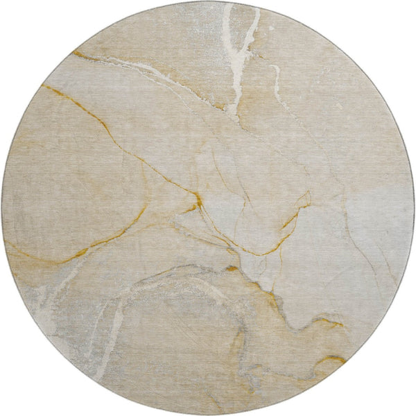 HomeRoots 8' Beige and Ivory Abstract Washable Round Rug - Durable, UV-Protected, Easy-Care for Modern Spaces 646951