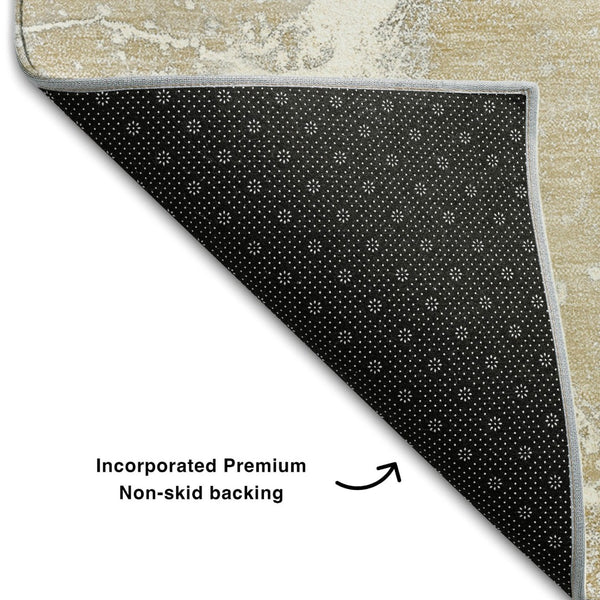 HomeRoots 8' Beige and Ivory Abstract Washable Round Rug - Durable, UV-Protected, Easy-Care for Modern Spaces 646951
