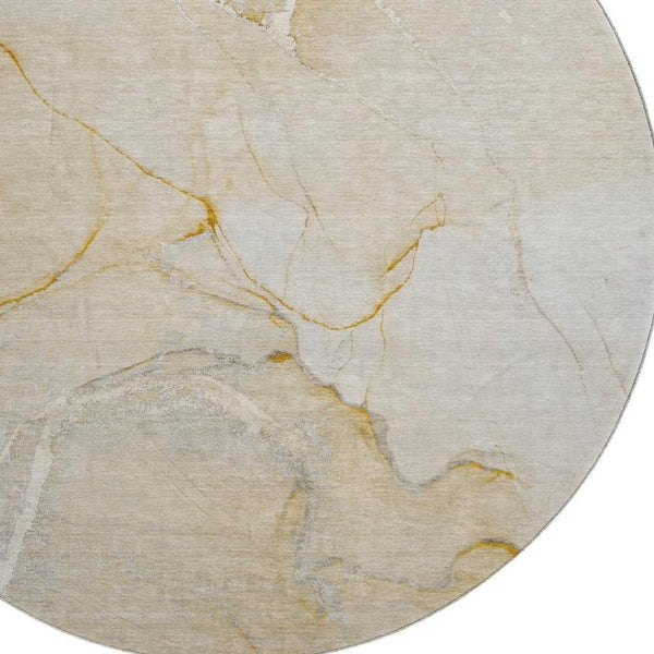 HomeRoots 8' Beige and Ivory Abstract Washable Round Rug - Durable, UV-Protected, Easy-Care for Modern Spaces 646951