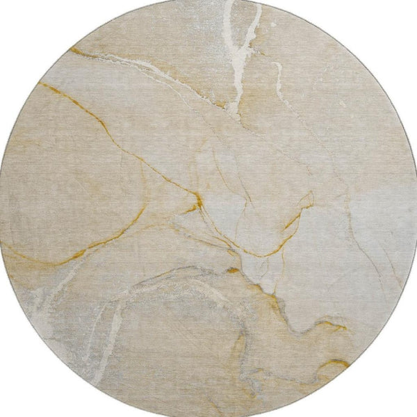 HomeRoots 8' Beige and Ivory Abstract Washable Round Rug - Durable, UV-Protected, Easy-Care for Modern Spaces 646951
