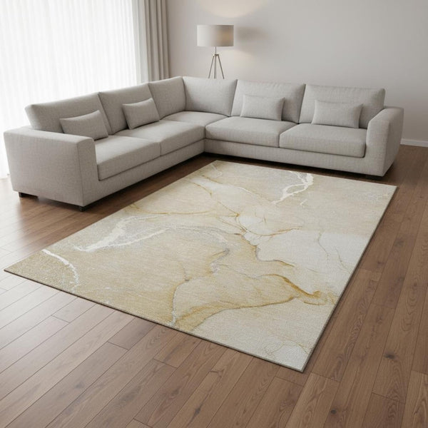 HomeRoots 9' X 12' Beige & Ivory Abstract Washable Area Rug - Stylish, Durable, UV-Protected for Busy Homes! 646953