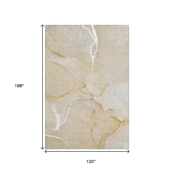 HomeRoots 10' X 14' Beige & Ivory Abstract Washable Area Rug - Durable, UV-Protected & Stain-Resistant Design 646954