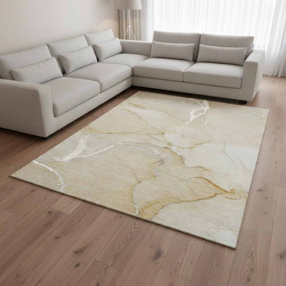 HomeRoots 10' X 14' Beige & Ivory Abstract Washable Area Rug - Durable, UV-Protected & Stain-Resistant Design 646954