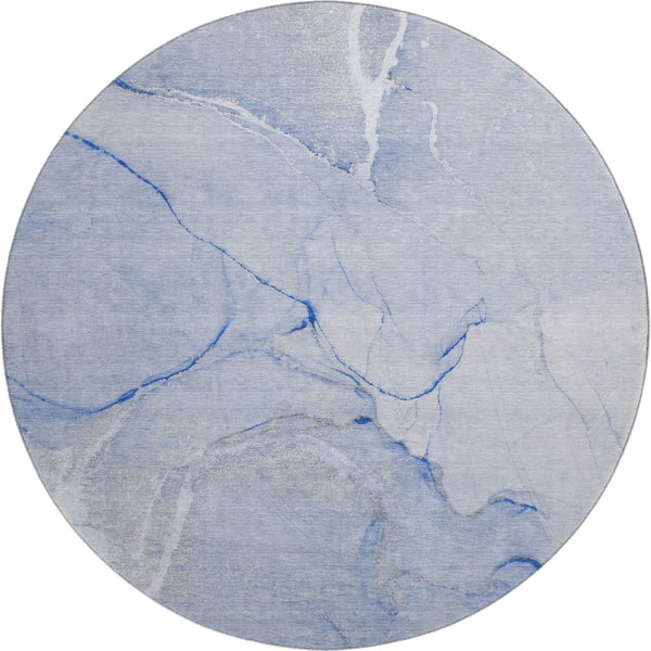 HomeRoots 8' Blue and Ivory Abstract Washable Round Rug - Stain Resistant, UV Protected, Ideal for Busy Homes 646957
