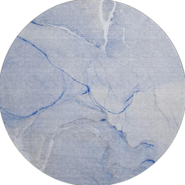 HomeRoots 8' Blue and Ivory Abstract Washable Round Rug - Stain Resistant, UV Protected, Ideal for Busy Homes 646957