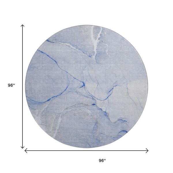 HomeRoots 8' Blue and Ivory Abstract Washable Round Rug - Stain Resistant, UV Protected, Ideal for Busy Homes 646957