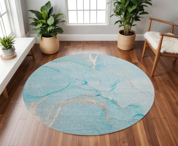 HomeRoots 8' Teal and Ivory Abstract Washable Round Rug – Durable, Stain-Resistant, UV-Protected for Modern Homes 646969