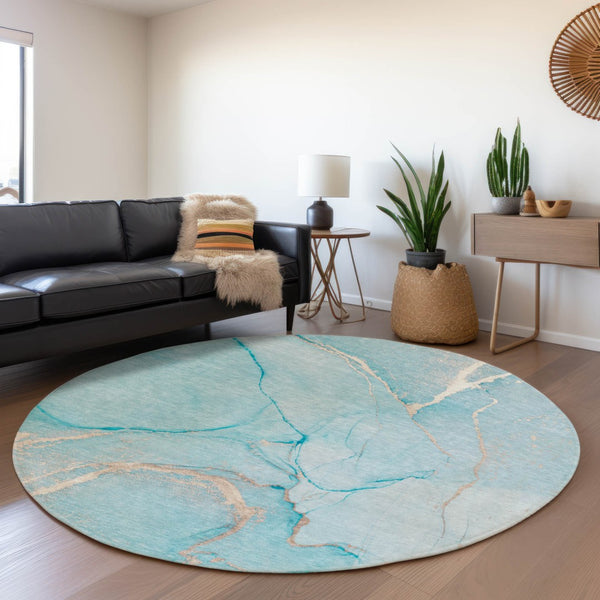 HomeRoots 8' Teal and Ivory Abstract Washable Round Rug – Durable, Stain-Resistant, UV-Protected for Modern Homes 646969