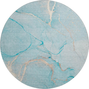 HomeRoots 8' Teal and Ivory Abstract Washable Round Rug – Durable, Stain-Resistant, UV-Protected for Modern Homes 646969