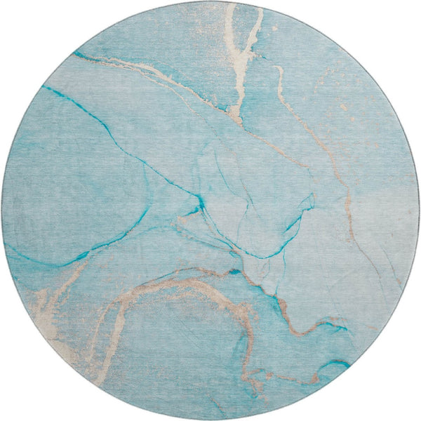 HomeRoots 8' Teal and Ivory Abstract Washable Round Rug – Durable, Stain-Resistant, UV-Protected for Modern Homes 646969