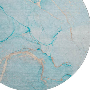 HomeRoots 8' Teal and Ivory Abstract Washable Round Rug – Durable, Stain-Resistant, UV-Protected for Modern Homes 646969