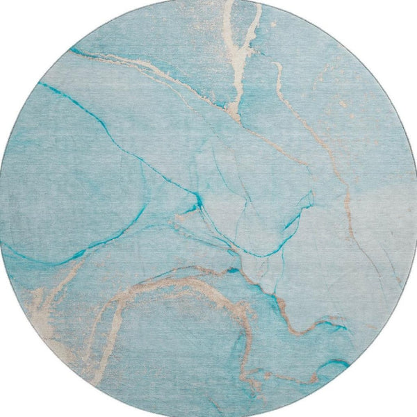 HomeRoots 8' Teal and Ivory Abstract Washable Round Rug – Durable, Stain-Resistant, UV-Protected for Modern Homes 646969