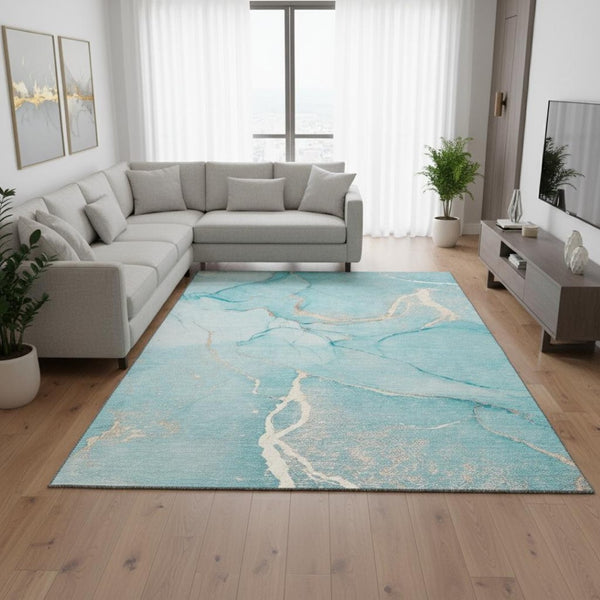 HomeRoots 8' X 10' Teal and Ivory Abstract Area Rug – Washable, Durable, UV-Protected for Modern Living Spaces 646970