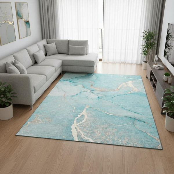 HomeRoots 9' X 12' Teal and Ivory Abstract Area Rug - Washable, UV Protected, Durable for Kids & Pets Homes 646971