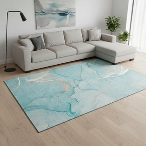 HomeRoots 10' X 14' Teal and Ivory Abstract Area Rug - Durable, Washable, UV-Protected for High-Traffic Spaces 646972