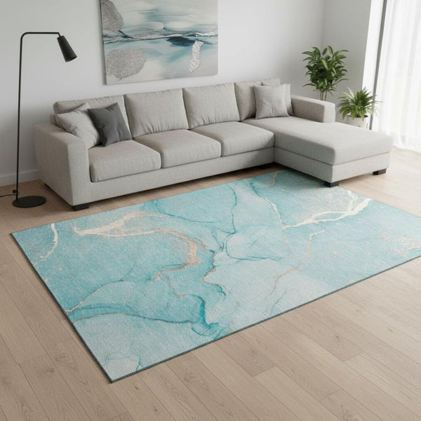 HomeRoots 10' X 14' Teal and Ivory Abstract Area Rug - Durable, Washable, UV-Protected for High-Traffic Spaces 646972