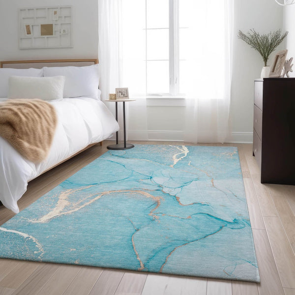 HomeRoots 10' X 14' Teal and Ivory Abstract Area Rug - Durable, Washable, UV-Protected for High-Traffic Spaces 646972