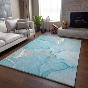 HomeRoots 10' X 14' Teal and Ivory Abstract Area Rug - Durable, Washable, UV-Protected for High-Traffic Spaces 646972