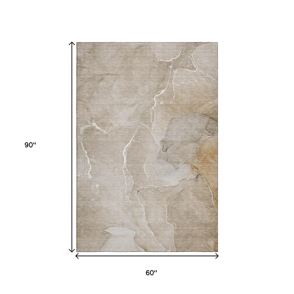 HomeRoots 5' X 8' Abstract Beige & Ivory Washable Area Rug with UV Protection for Stylish, Durable Living Spaces 646974