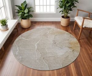 HomeRoots 8' Washable Beige and Ivory Abstract Round Rug with UV Protection for High-Traffic Areas and Style 646975