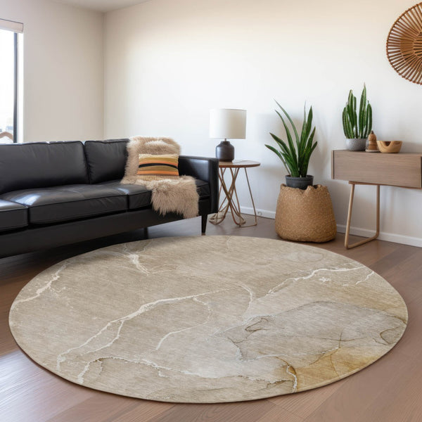 HomeRoots 8' Washable Beige and Ivory Abstract Round Rug with UV Protection for High-Traffic Areas and Style 646975