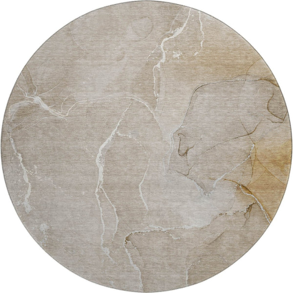 HomeRoots 8' Washable Beige and Ivory Abstract Round Rug with UV Protection for High-Traffic Areas and Style 646975
