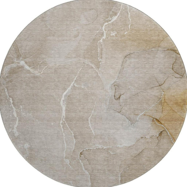 HomeRoots 8' Washable Beige and Ivory Abstract Round Rug with UV Protection for High-Traffic Areas and Style 646975