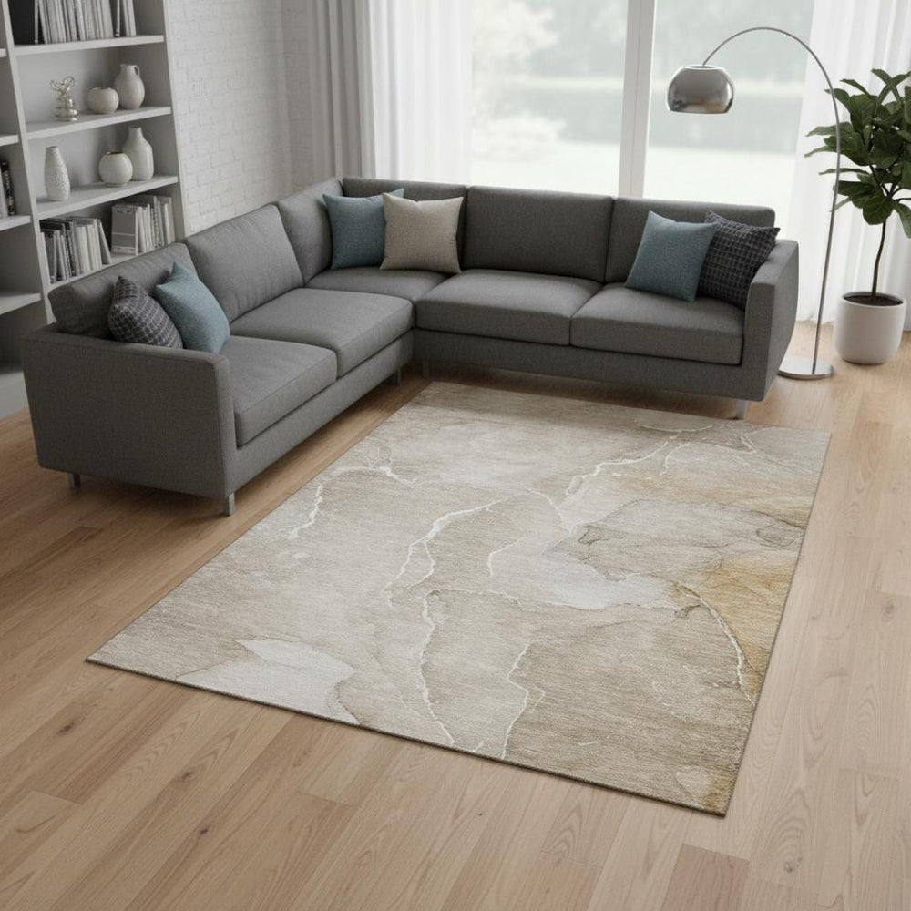 HomeRoots 8' X 10' Beige and Ivory Abstract Area Rug – Washable, UV-Protected, Pet-Friendly, and Stylish! 646976
