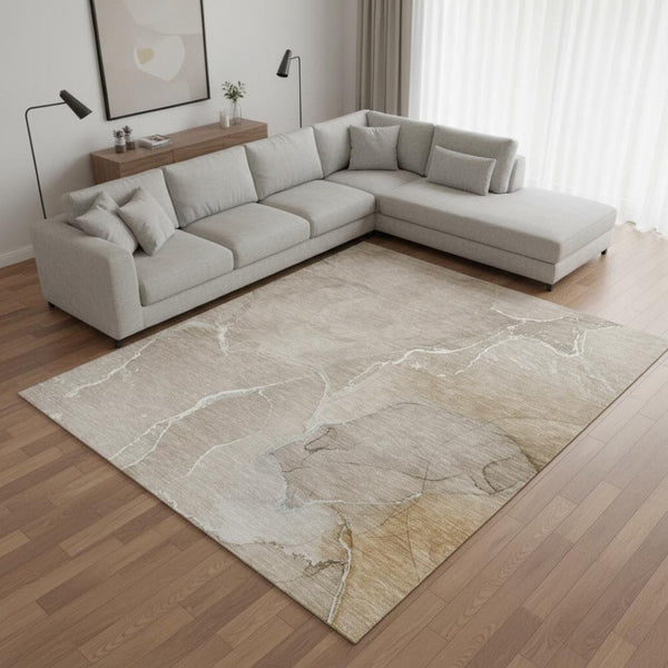 HomeRoots 9' X 12' Abstract Beige & Ivory Washable Area Rug with UV Protection for Stylish, Durable Living Spaces 646977