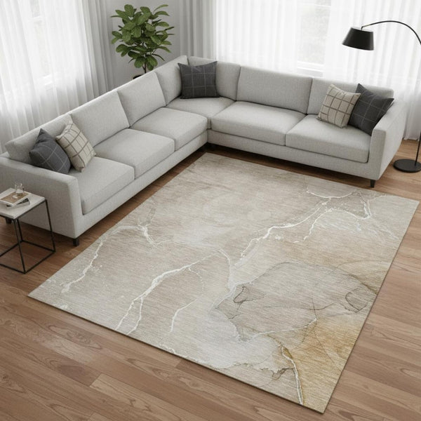 HomeRoots 9' X 12' Abstract Beige & Ivory Washable Area Rug with UV Protection for Stylish, Durable Living Spaces 646977