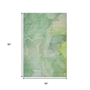 HomeRoots 5' X 8' Stylish Green And Ivory Abstract Washable Area Rug - UV Protected, Stain Resistant Design 646980