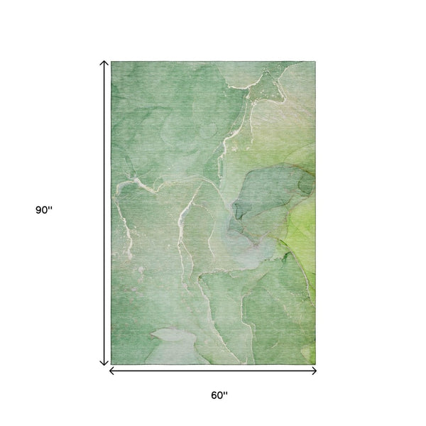 HomeRoots 5' X 8' Stylish Green And Ivory Abstract Washable Area Rug - UV Protected, Stain Resistant Design 646980