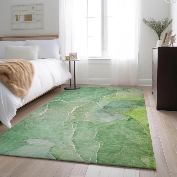 HomeRoots 5' X 8' Stylish Green And Ivory Abstract Washable Area Rug - UV Protected, Stain Resistant Design 646980